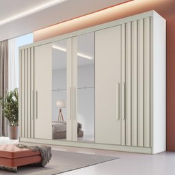 Guarda Roupa 6 Portas 2 Portas Ripadas Potente com Espelho 100% Mdf Off White - Móveis Europa - 1