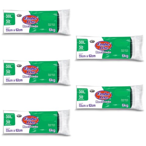 Kit 5 Pacotes Sacos de Lixo Preto Reciclado Resistente Reforçado 30 Litros 59cm x 62cm Pacote com 30