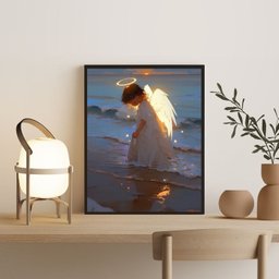 Quadro Anjinho Criança Saindo do Mar 45x34cm - com Vidro:madeira Preta - 2