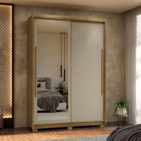 Guarda Roupa Roupeiro Solteiro Dubai Infinity 2 Portas de Correr c/ Espelho Nature Fendi Vila Rica