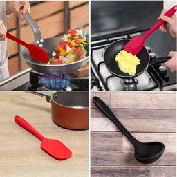 Kit 5 Utensílios De Silicone Colher Vazada Raspador Concha Espatula - Vermelho - 7