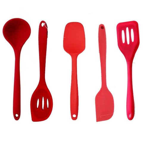 Kit 5 Utensílios De Silicone Colher Vazada Raspador Concha Espatula - Vermelho