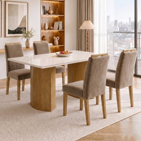 Conjunto de Jantar 4 Lugares Isla e Lyra Tampo de Vidro Cinamomo Off White