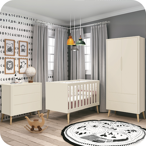 Quarto de Bebê Berço + Cômoda + Guarda Roupa Retrô Areia Theo Madeira Natural
