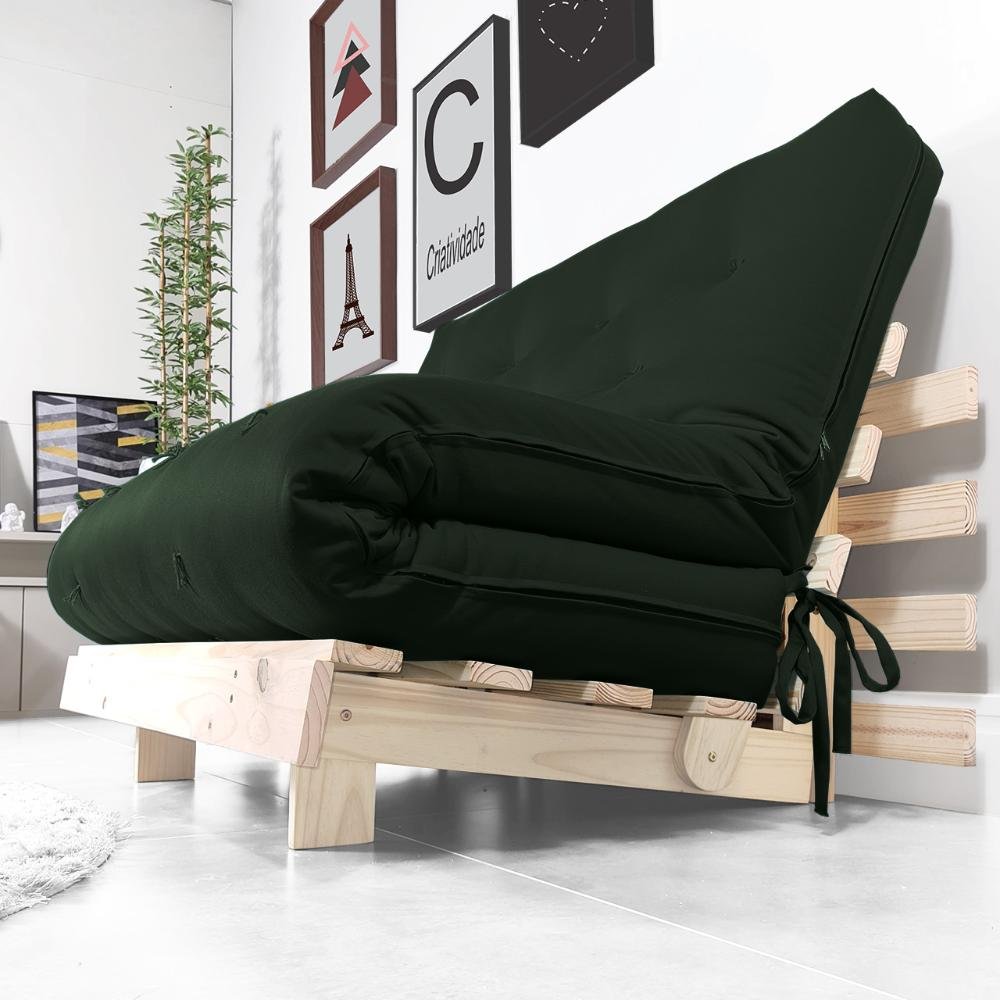 Futon Casal Tokio Sofa Cama Verde Militar Com Madeira Maciça