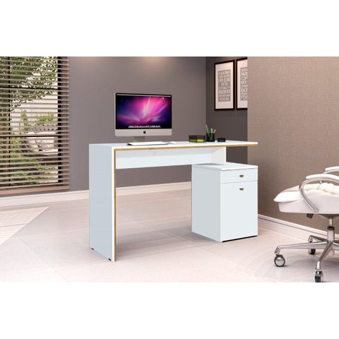 Mesa / Escrivaninha Off Para Escritório Moderna Com Gaveta e Porta Cor Nature/Branco JA