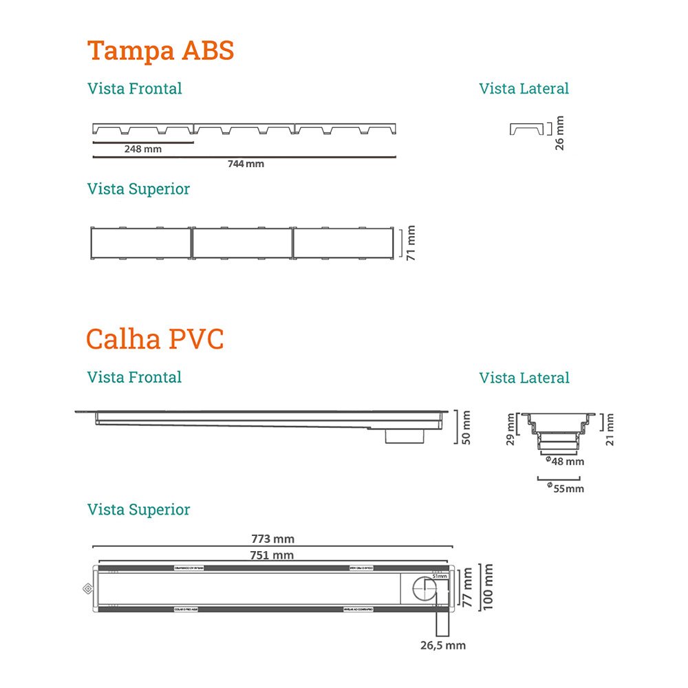 Ralo Linear Novii Seco 4230 75cm Saída na Extremidade com Tampa Bege Bege 4230 - 3