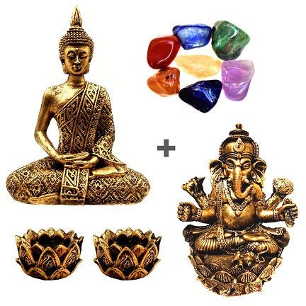 Combo Estátuas de Ganesha e Buda + Kit 7 Pedras dos Chakras + 2 Castiçais