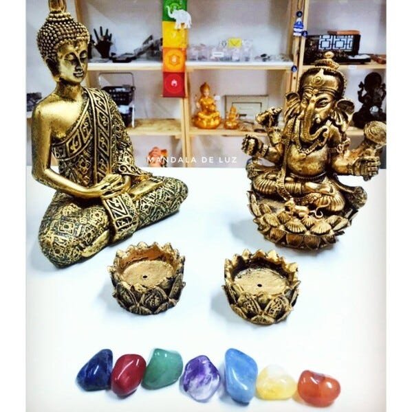 Combo Estátuas de Ganesha e Buda + Kit 7 Pedras dos Chakras + 2 Castiçais - 2