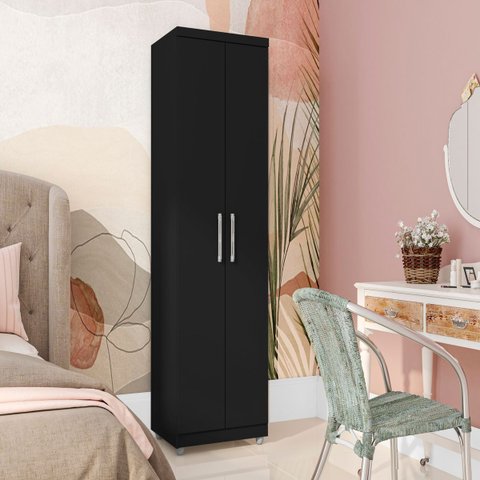 Armário Multiuso 2 Portas Sabrina 60cm Organizador MDP Preto Fosco Lavanderia Quarto Cozinha
