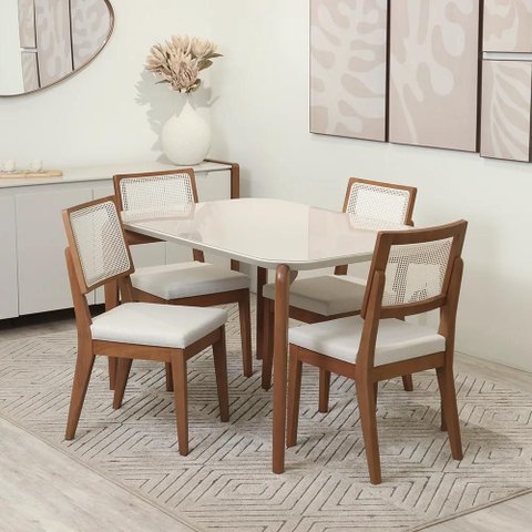 Conjunto de Jantar Mesa Retangular com Vidro Donatella com 4 Cadeiras Saga - Natural C/ Cru