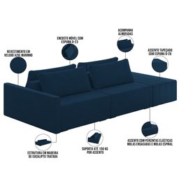 Sofá Ilha Modular para Sala 252cm com Puff Dublin K01 Veludo Azul Marinho - Lyam Decor - 4
