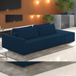 Sofá Ilha Modular para Sala 252cm com Puff Dublin K01 Veludo Azul Marinho - Lyam Decor - 2