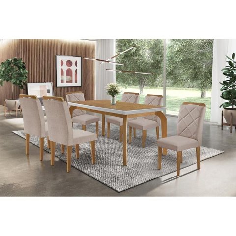 Conjunto: Mesa Sala Jantar Londrina Tampo Madeirado C/ Vidro 180x90cm e 6 Cadeiras Melissa Capuccino