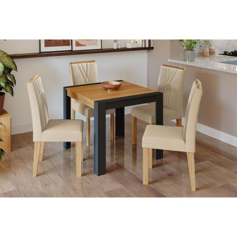 Conjunto: Mesa de Cozinha Grace Tampo Madeirado 90x90cm e 4 Cadeiras Nicole Nature/suede Nude Bege