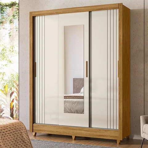 Guarda Roupa Casal Ambiente Bolívia 3 Portas Freijó Off White com Espelho - Moval