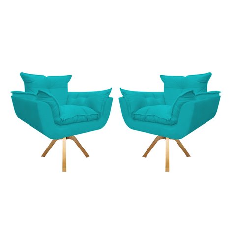 Kit 2 Poltronas Decorativa Opala Base Giratória Suede Azul Tifany Mz Decor