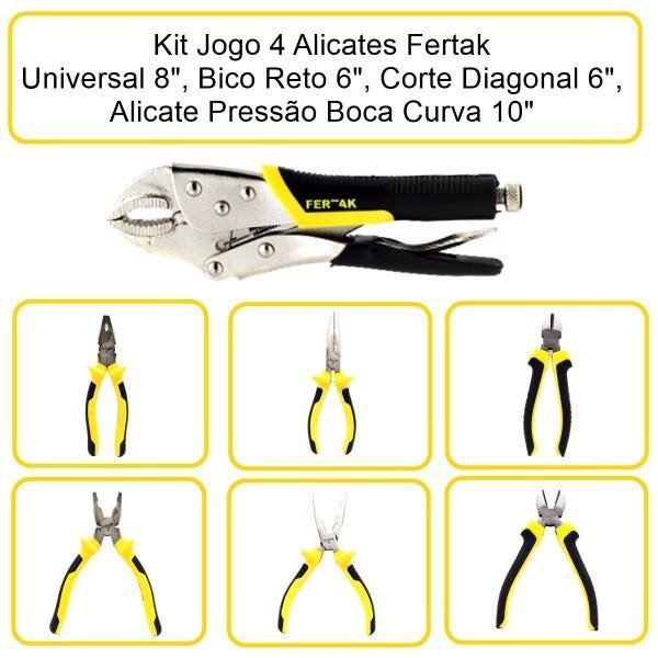 Kit 4 Alicates, Pressão Boca Curva 10" Emborrachado, Universal 8", Bico Meia Cana 6", Corte - 4