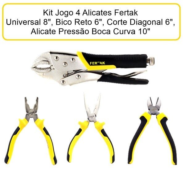 Kit 4 Alicates, Pressão Boca Curva 10" Emborrachado, Universal 8", Bico Meia Cana 6", Corte - 3