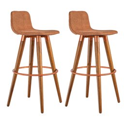 Kit 2 Banquetas Altas Luxo Versatil Aço Cobre Linho Terracota Base Carvalho - 1