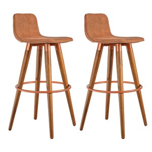 Kit 2 Banquetas Altas Luxo Versatil Aço Cobre Linho Terracota Base Carvalho