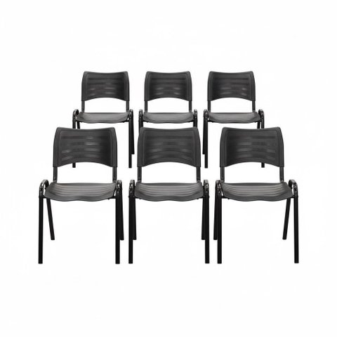 Kit 6 Cadeiras ISO Recepção Fixa Empilhável Reforçada Assento Plástico Preto
