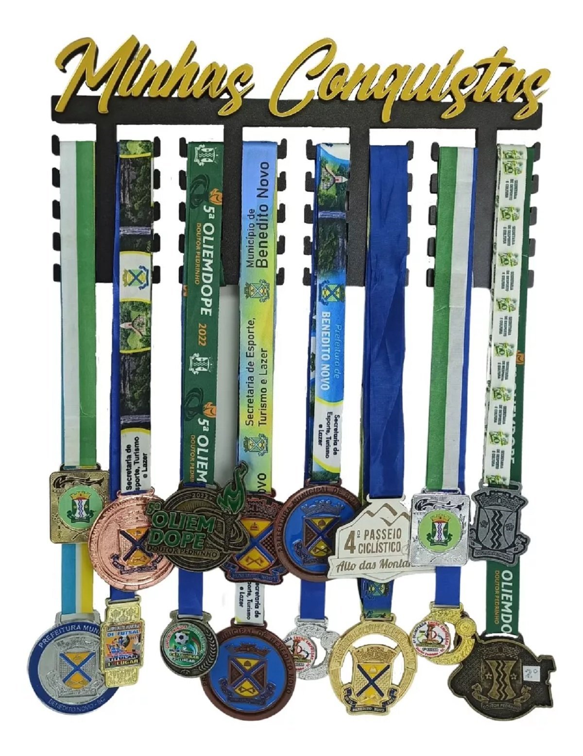 Quadro Porta Medalhas Grande para 30 Medalhes - Expositor Minhas Conquistas de MDF Preto e Acrílico 