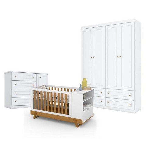 Quarto de Bebê Americano 4 Portas Com berço Multifuncional Bkids Branco Freijó Eco Wood - Matic