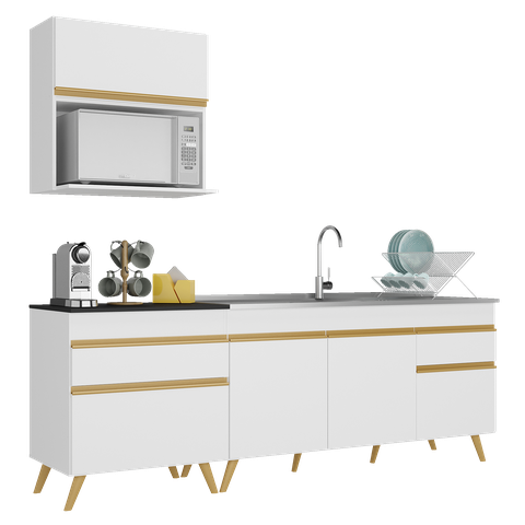 Armário de Cozinha Compacta 220cm Veneza Multimóveis V2075 Branco/dourado