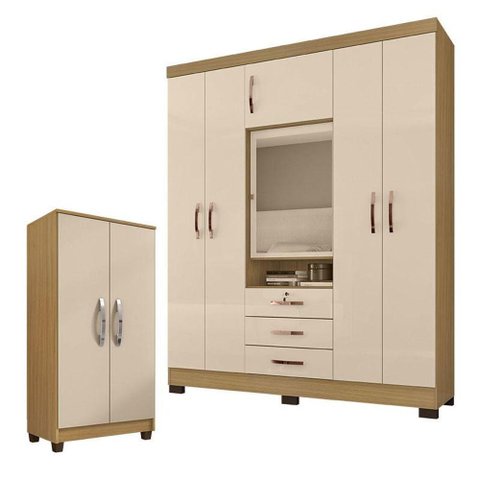 Guarda Roupa Casal Imperial com Armário Multiuso Recife Carvalho Americano Off White - Incorplac