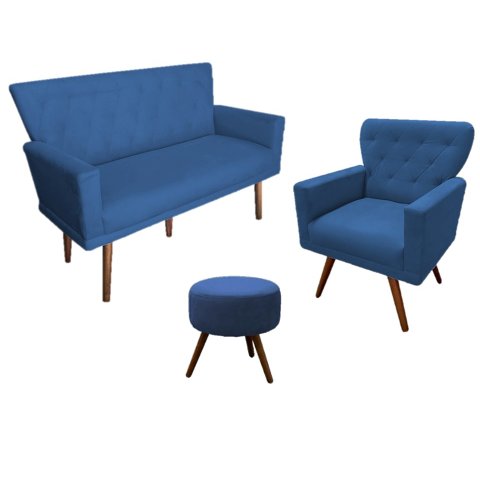 Kit Namoradeira + 1 Poltrona Decorativa Aurora + Puff Redondo Suede Azul Marinho Pés Madeira Mz Deco