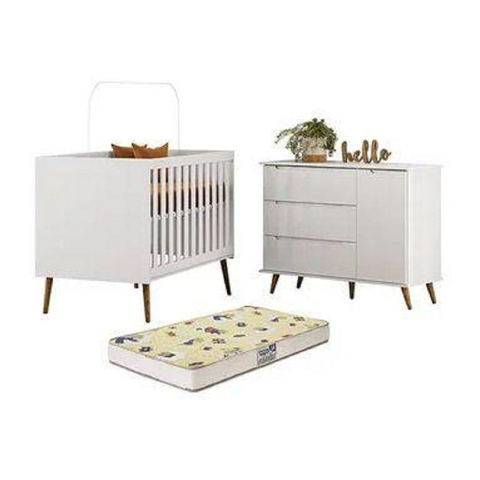 Berço Infantil Mini Cama Encanto com Comoda Lunna e Colchão 70x130m - Branco