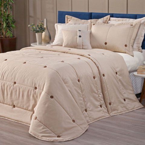 Kit Cobre-leito Queen 7 Peças Bordado 200 Fios com Botões Decorativos Cor Avela
