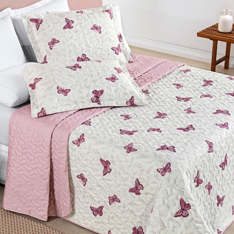 Kit Colcha Casa Xique Casal Queen Size Nyla Kit Cobre Leito Dupla Face 200 Fios Avere:rosa