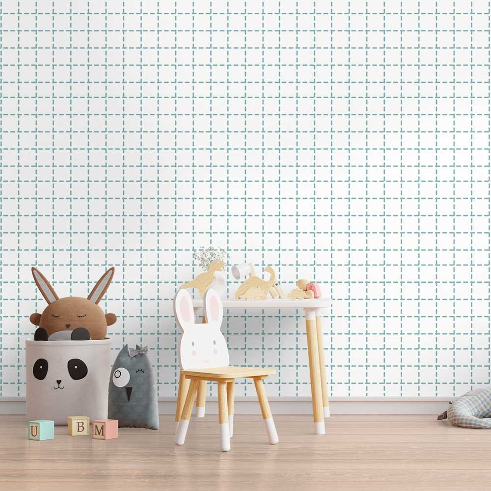 Papel de Parede Infantil - Quadriculado Traços Azul Arte Destaque 1,50 Metros