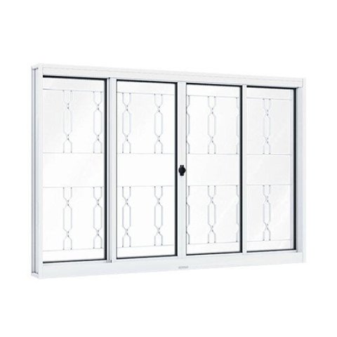 Janela de Aço de Correr 100x200cm 4 Folhas com Grade Mosaico e Vidro Riobras