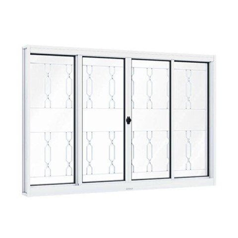Janela de Aço de Correr 100x200cm 4 Folhas com Grade Mosaico e Vidro Riobras Branco