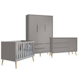 Quarto Infantil Theo 3 portas Cinza Fosco com Pés Madeira Natural - Reller Móveis - 1