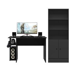 Conjunto Gamer Preto Fosco: Escrivaninha Mesa Setup Gamer Shadow C/ Prateleira e Suporte para Cpu + - 2