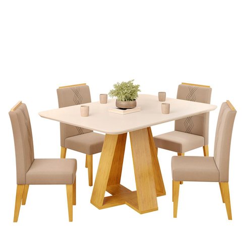 Conjunto Sala de Jantar Tampo Retangular 120cm com Vidro Kiara e 4 Cadeiras Yasmin Cedro/off White/v