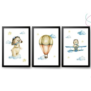 3 Quadros Decorativos Infantil Ursinho Aviador Aquarela:Preta