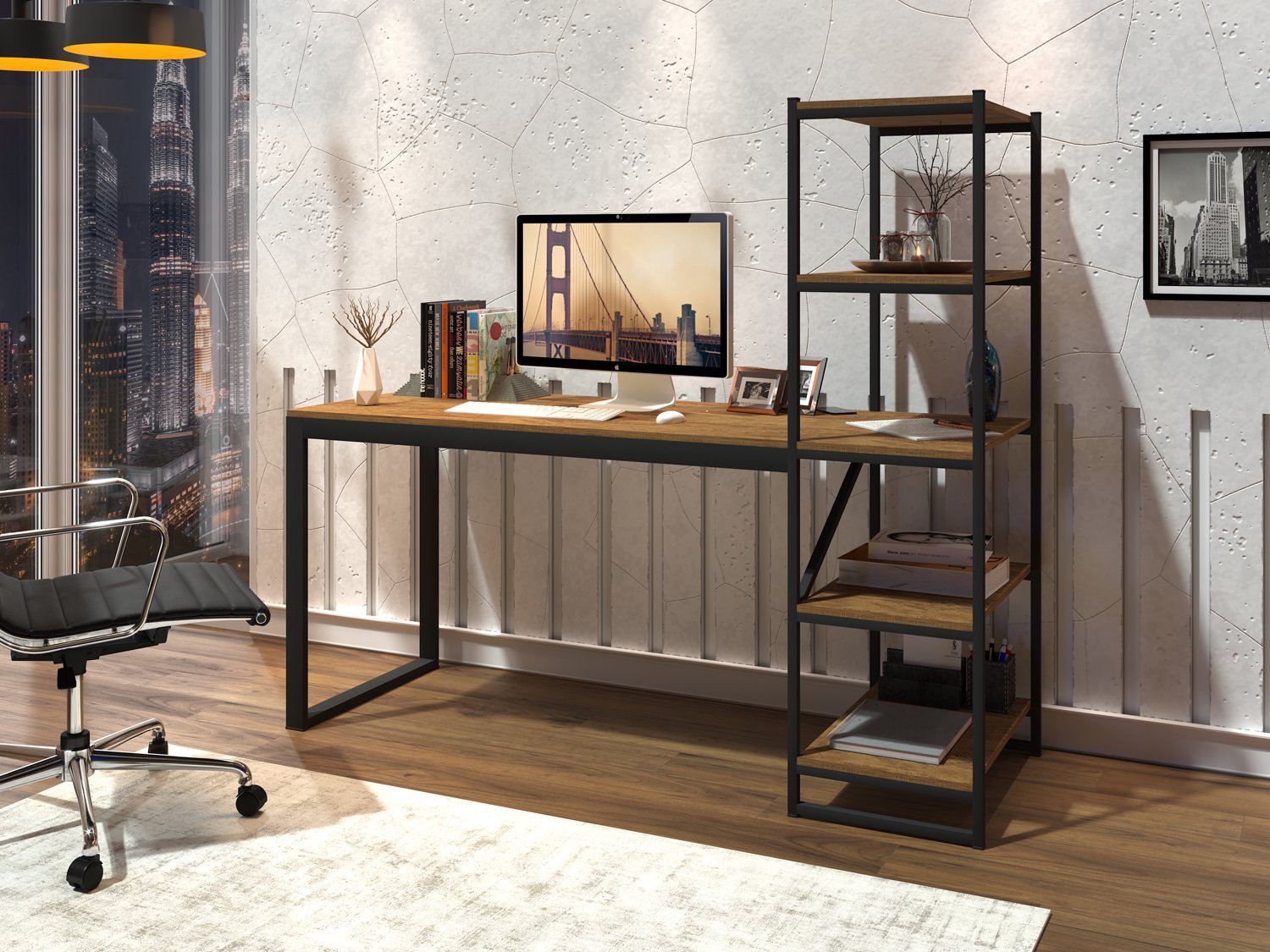 Escrivaninha Home Office Fit Estilo Industrial Moderna Premium Estudo Pés Aço Cor Canela - 2