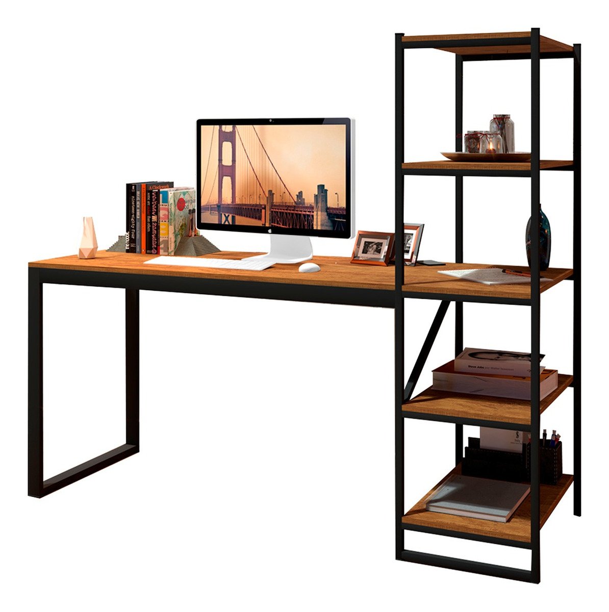 Escrivaninha Home Office Fit Estilo Industrial Moderna Premium Estudo Pés Aço Cor Canela