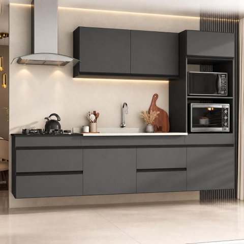 Armário Cozinha Modulada Completa Suspensa com Pia 251,5cm Milano Multimóveis MCR2480 Grafite/
