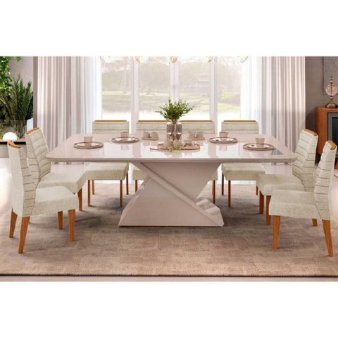 Conjunto: Mesa Sala Jantar Zafira c/ Tampo Madeirado c/ Vidro Curvo 200x100cm e 8 Cadeiras Ondina