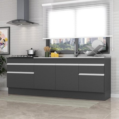 Kit 2 Balcões C/ Rodapé Gabinete Pia 150cm e Cooktop 70cm Veneza Multimóveis Mp2108.898 Preto/