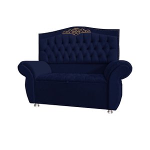 KIT Cabeceira + Recamier Baú Dunas Dubái Azul Marinho veludo Linha Alta 0,90 Solteiro Dalaqua-Decor