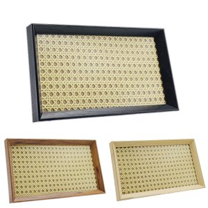 Bandeja Decorativa Retangular com Palha Indiana e Vidro Cor Preto 23x13 Cm
