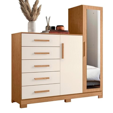 Comoda New Master Quarto com 5 Gavetas 2 Portas e Espelho Freijo/off White