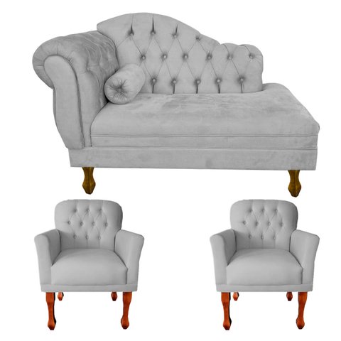 Kit Divã Recamier Sofá Imperial 120 Cm + 2 Poltronas Suede:cinza Claro